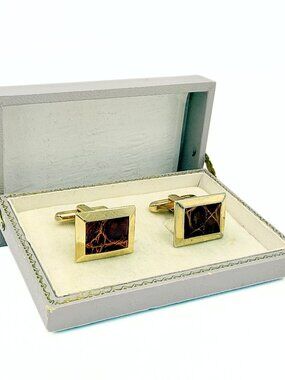 Hickok Signed MCM Brown Crocodile skin Leather Gold Plate Cufflinks